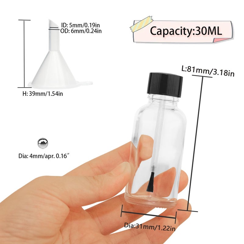 Agidea 6PCS Large Empty Nail Polish Bottles with Brush,Refillable Glass Cuticle Oil Bottles Travel Containers with Funnel & Mixing Balls for DIY Nail Art Cuticle Oils (30ML) - Image 2